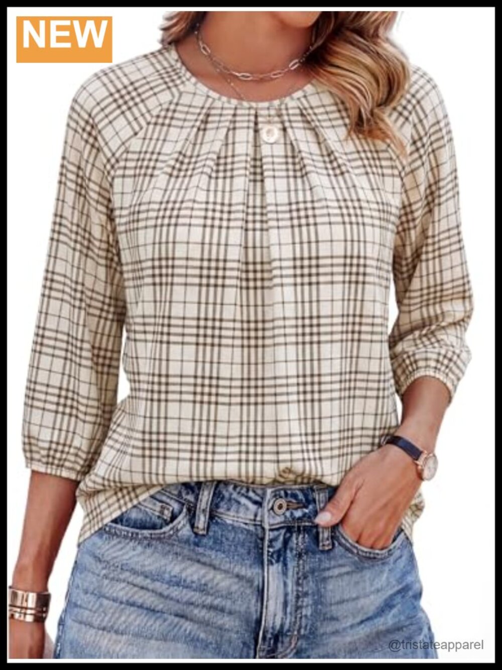 Womens Pleated Front Crew Neck 3/4 Sleeve Blouse Dressy Casual Business Top